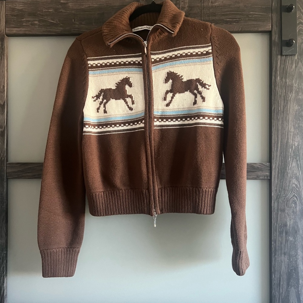 Abercrombie & Fitch Brown, Cream & Light Blue Horse Zip Cardigan